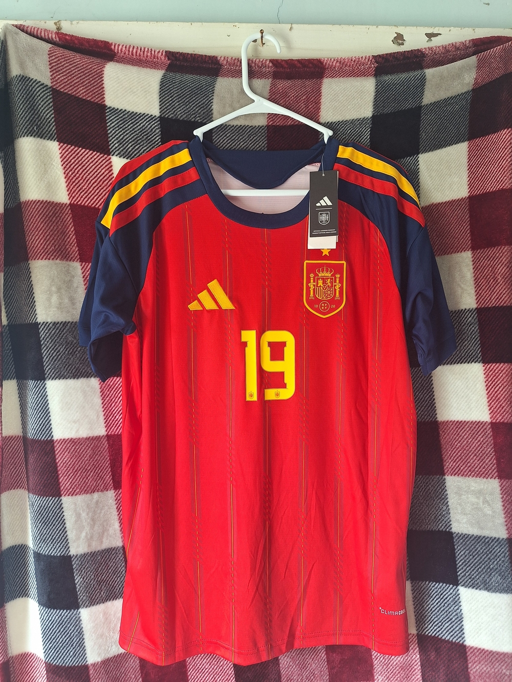 adidas Red and Navy Men's Spain Soccer Jersey with Yellow Accents #19